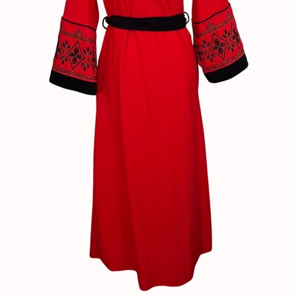 Miss Elaine Luxury Red Robe Kimono M Petite Black Embroidery Belted Waist VTG 70 - Picture 6 of 16